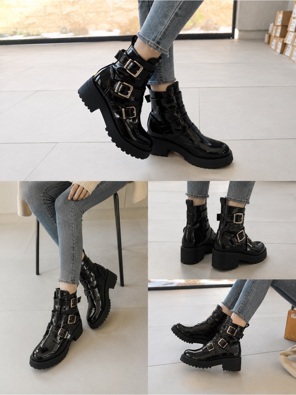 Source Unknown Black Patent Buckle Combat Boots for Women